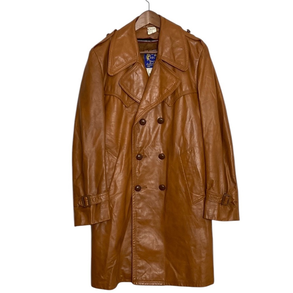 Vintage Leather Coat Mens 36 Caramel Brown Double Breast Trench Retro BAMF